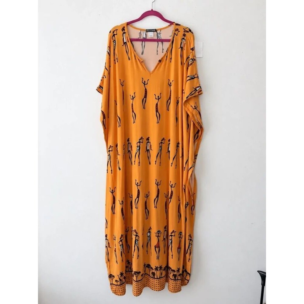 Elegant Emily Orange Tribal Print Kaftan Maxi Dress Safari Resortwear OS